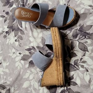 Franco Sarto cork wedge slide/sandle, light blue upper